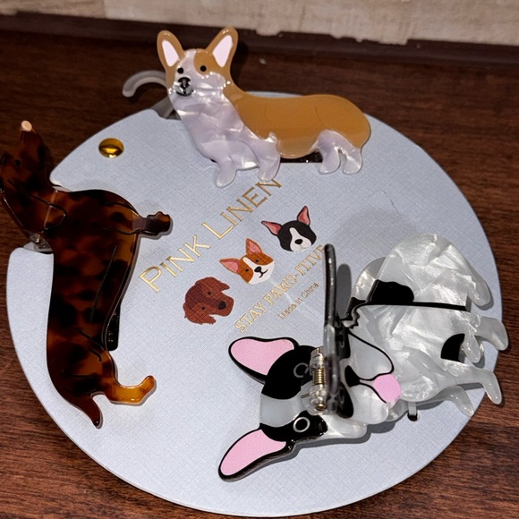 Super Cute Frenchie, Corgi, Dachshund Dog Hair Clips Claws Pink Linen NWT - Picture 6 of 7